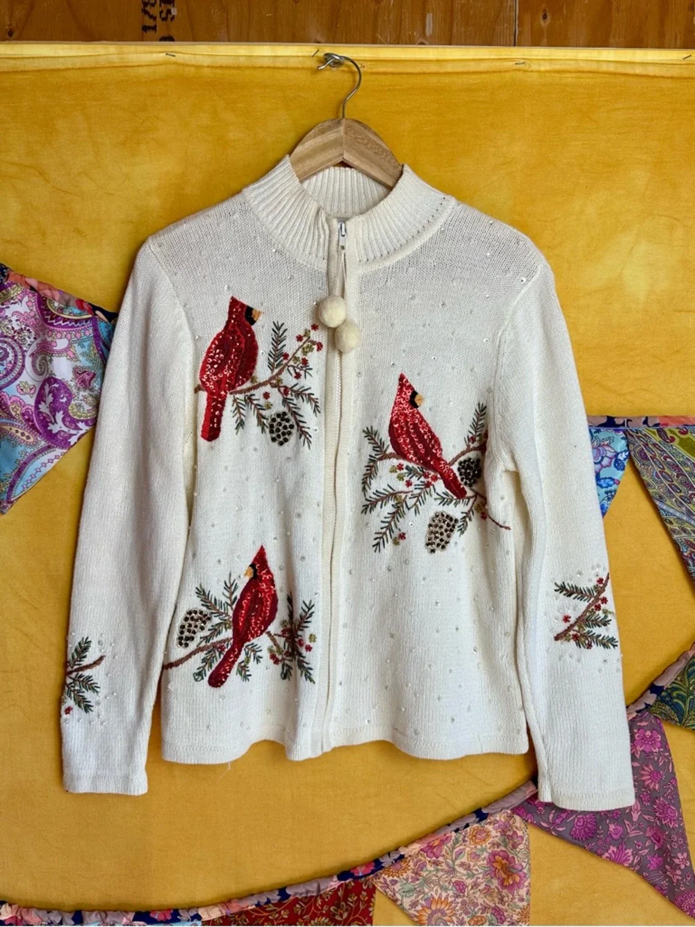 Vintage Cardinal Christmas Sweater Cardigan - Picture 2 of 7